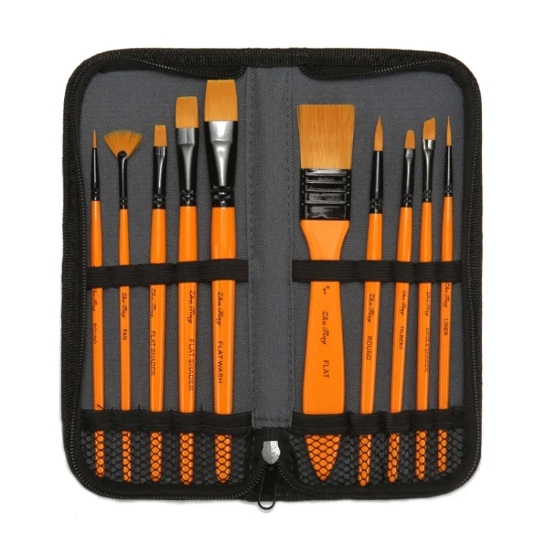 ZHU TING 10 In 1 Wooden Pole Nylon Wool Watercolor Pen And Board Brush Fan Shaped Painting Pen Set With Cloth BagZHUTING