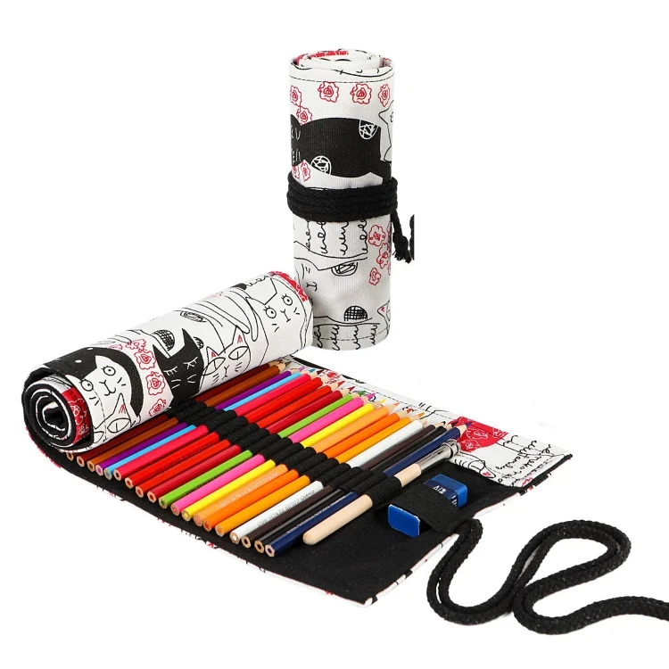 12 Holes Couple Cat Printed Canvas Pen Curtain Large Capacity Roller Pen Bag Sketch Color Pencil Bag