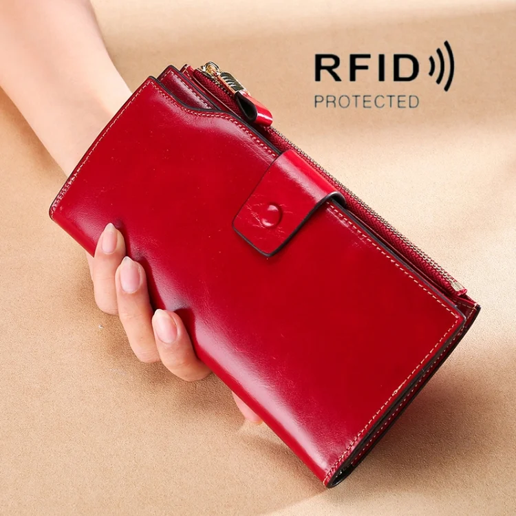 TP-192 First Layer Of Cowhide Long Type Oil Wax Leather Ladies Clutch Retro Wallet RFID Anti-Theft Ladies Wallet