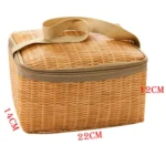 Portable Insulated Thermal Lunch Box Canvas Imitation Rattan Lunch Bag Picnic Container - Image 3