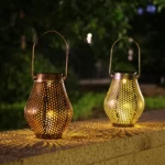 Outdoor Courtyard Wrought Iron LED Solar Portable Hollow Lantern - Image 6