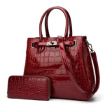 T5056 2 in 1 Crocodile Pattern Patent Leather Diagonal Handbags Large-Capacity Single-Shoulder Bag