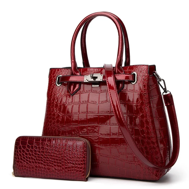 T5056 2 in 1 Crocodile Pattern Patent Leather Diagonal Handbags Large-Capacity Single-Shoulder Bag