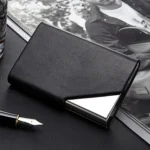 Men Leather Stainless Steel Business Card Clamp