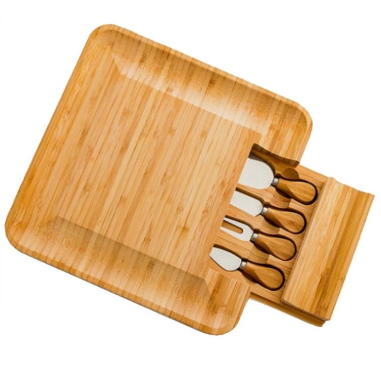 Bamboo Cheese Board With Cutter Cheese Drawer Plate, Size:
