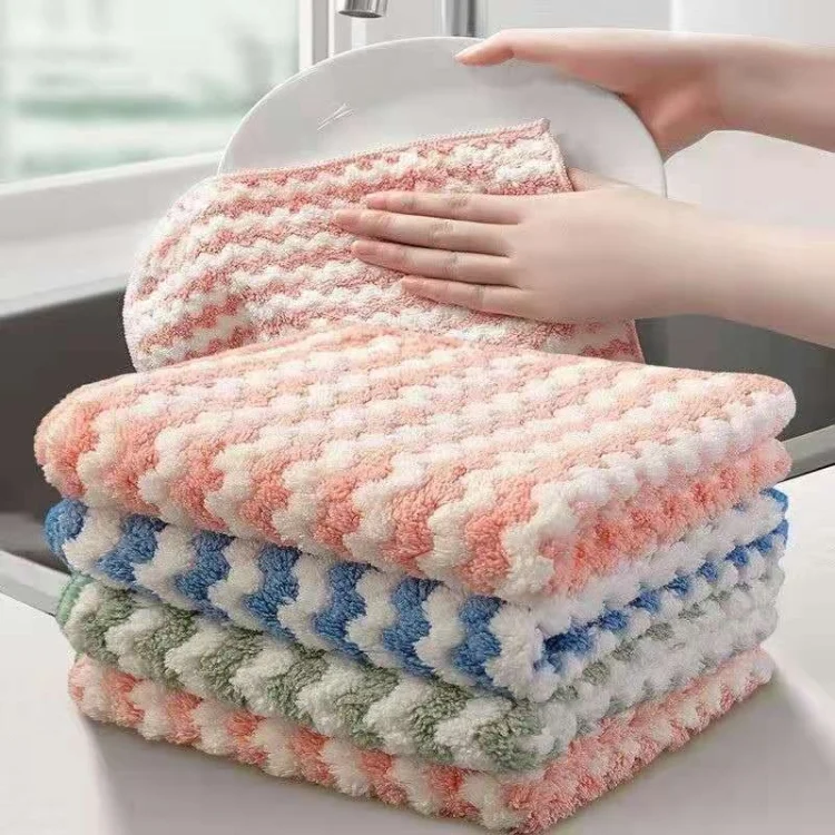 10 PCS  Absorbent Wave Dish Cloth Rag Non-stick Oil Coral Velvet Dish Towel (Random Color Delivery)