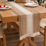 Cotton and Linen Woven Colorblock Tassel Striped Rhombus Table Runner - Image 6