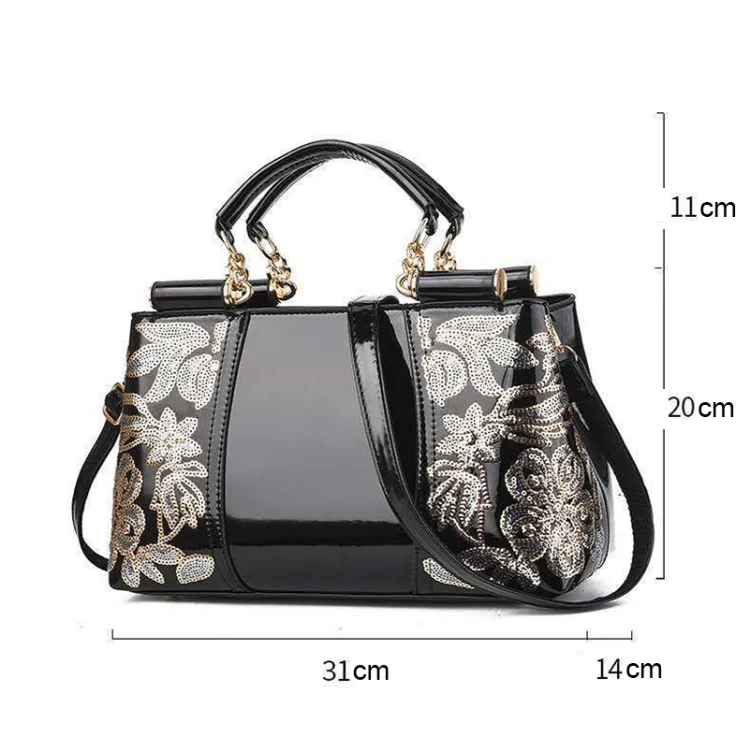 TBD0602318801_B2.webp Ladies Single Sided Embroidered Shiny Leather Handbag - Image 3