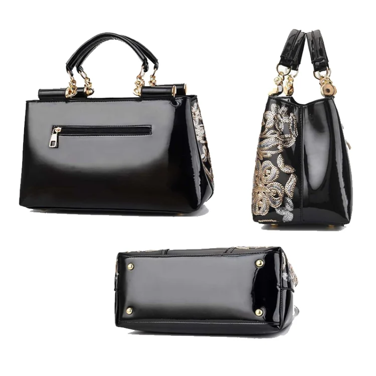 TBD0602318801_B3.webp Ladies Single Sided Embroidered Shiny Leather Handbag - Image 4
