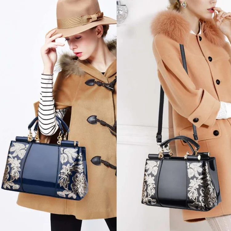 TBD0602318801_B6.webp Ladies Single Sided Embroidered Shiny Leather Handbag - Image 7