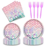 9 In 1 Fish Scale Mermaid Birthday Party Supplies Tissue Paper Plate Cutlery Set - Image 2