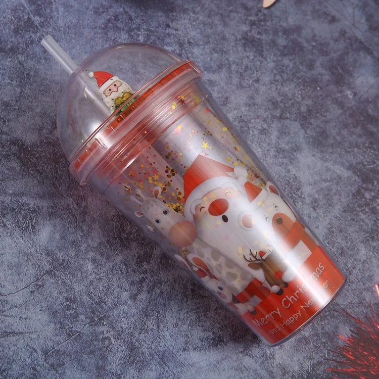 500ml Santa Claus Cartoon Portable Plastic Cup Double Micro Landscape Juice Cup
