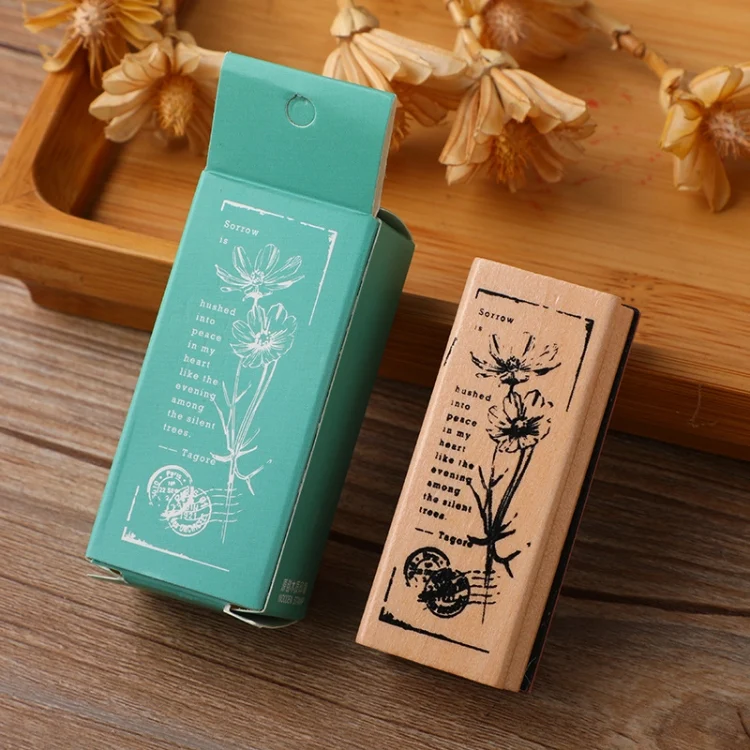 4 PCS Wooden Flowers and Plants Girl Stamp Fresh Plant Handbook DIY Decorative Stamp