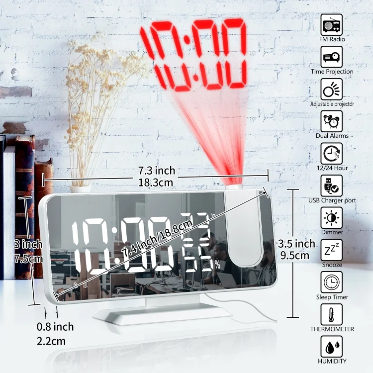 TBD0603089601_B1.webp Mirror Surface LED Radio Projection Alarm Clock Clock with Temperature & Humidity Display - Image 2