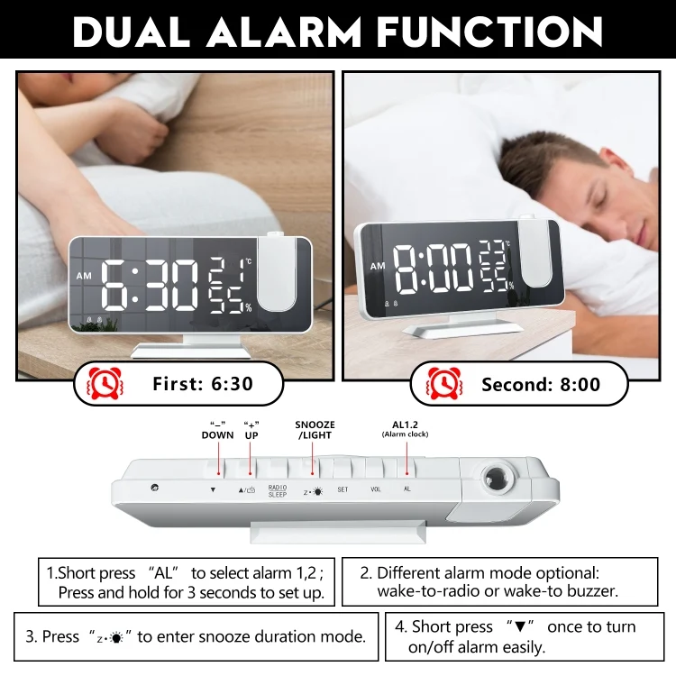 TBD0603089601_B4.webp Mirror Surface LED Radio Projection Alarm Clock Clock with Temperature & Humidity Display - Image 5