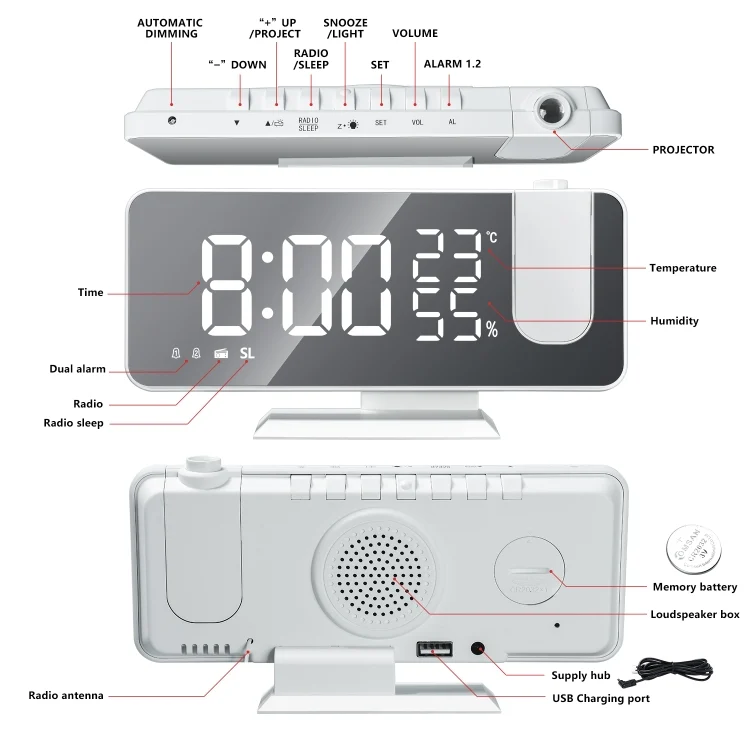 TBD0603089601_B5.webp Mirror Surface LED Radio Projection Alarm Clock Clock with Temperature & Humidity Display - Image 6