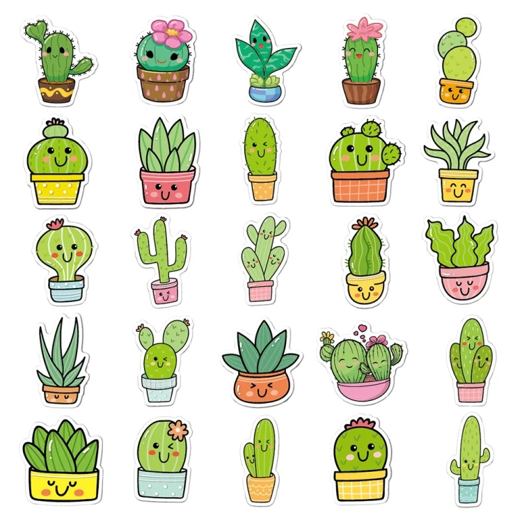 TBD0603142601_B2.webp 3 Sets 50PCS/Set Cartoon Cactus DIY Handbook Decorative Stickers Floral Laptop Waterproof Sticker - Image 3