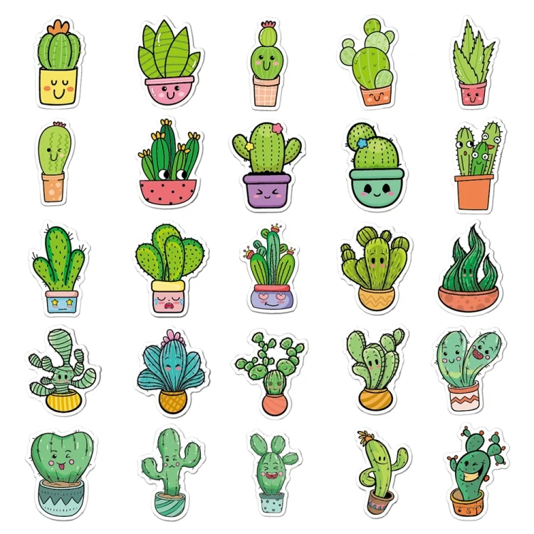 TBD0603142601_B3.webp 3 Sets 50PCS/Set Cartoon Cactus DIY Handbook Decorative Stickers Floral Laptop Waterproof Sticker - Image 4