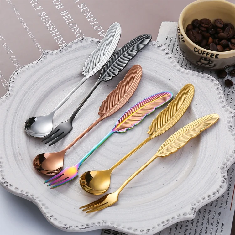 TBD0603312401_B3.webp 304 Stainless Steel Feather Spoon Fork Literary Tableware,Style: - Image 4
