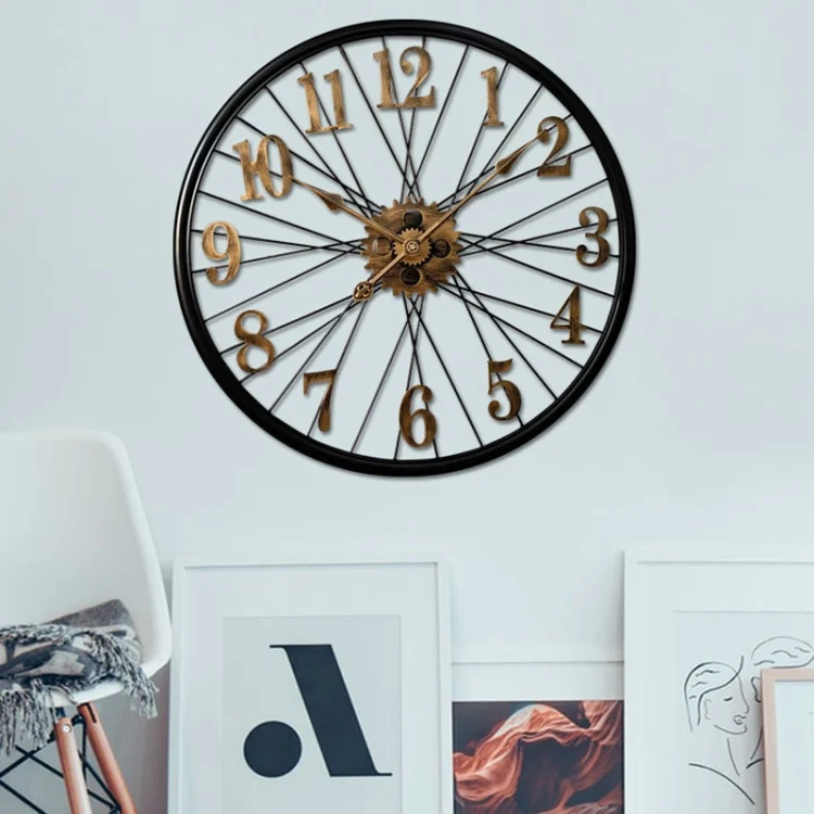 YX0806 60cm 3D Vintage Decorative Wall Clock Wheel Shape Household Large Wall Watch