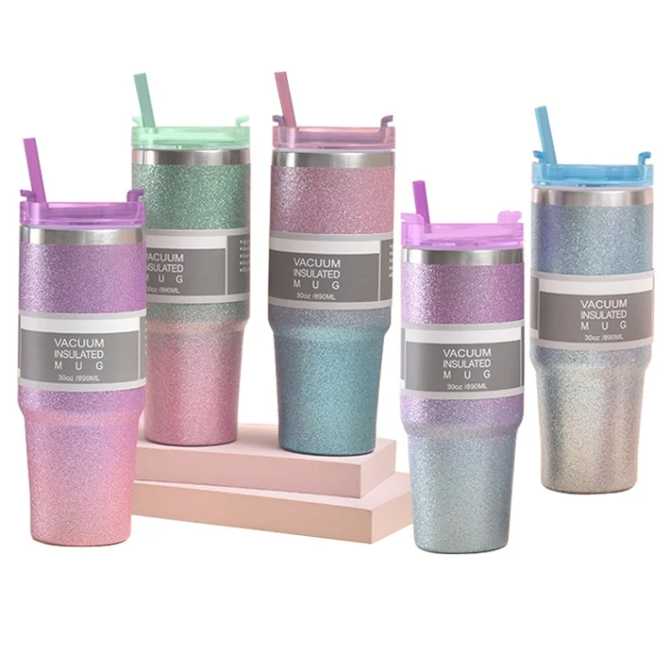 TBD0603334402_B1.webp Glitter Insulation Coffee Cup Double Layer Ice Cup Stainless Steel Car Cup With Straw - Image 2