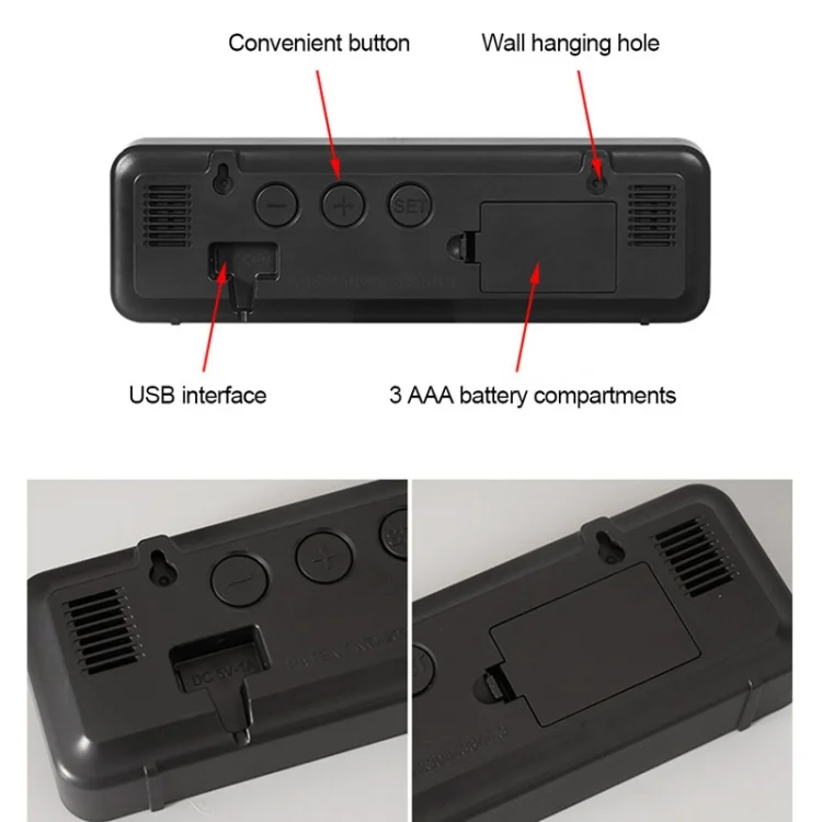 TBD0603499801_B4.webp 671  Mirror Screen Digital LED Alarm Clock USB Plug-in/Battery Dual-use With Temperature/Humidity Display - Image 5