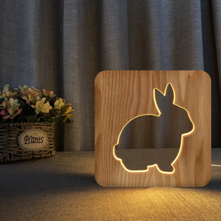 FS-T2104W 3D Wooden Carving Rabbit Table Lamp USB Night Light Crafts