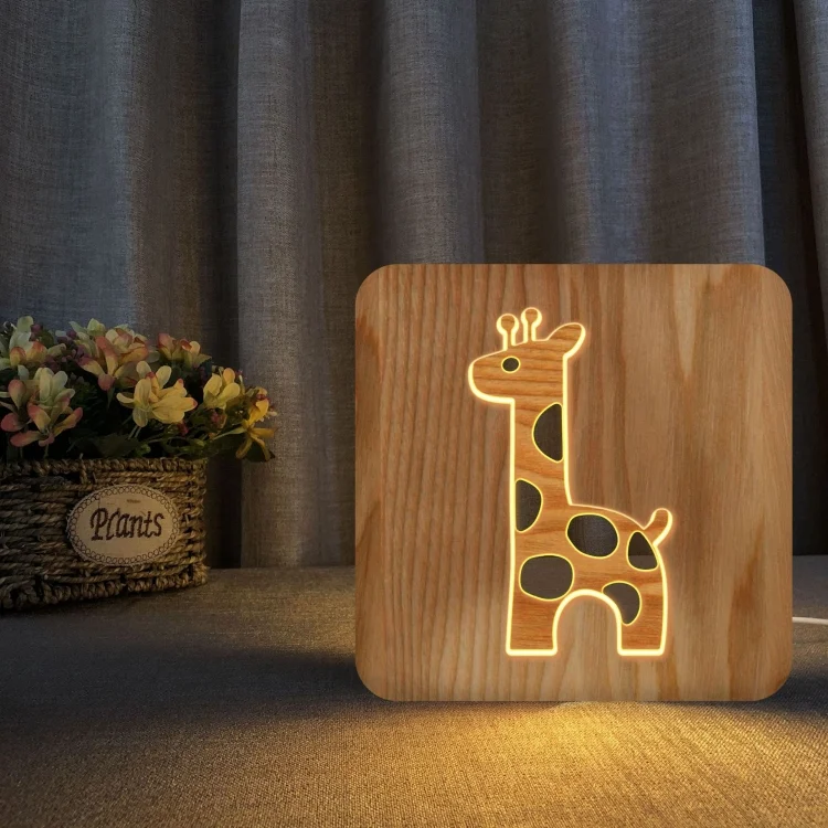 FS-T2330W 3D Wooden Carving Giraffe Table Lamp USB Night Light Crafts