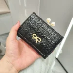 Ruched Textured Bow Pearl Clip Tri-Fold Short Wallet - Image 6