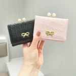 Ruched Textured Bow Pearl Clip Tri-Fold Short Wallet - Image 2