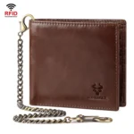 HUMERPAUL RFID Anti-Magnetic Men Pickup Card Bag Metal Chain Short Leather Wallet