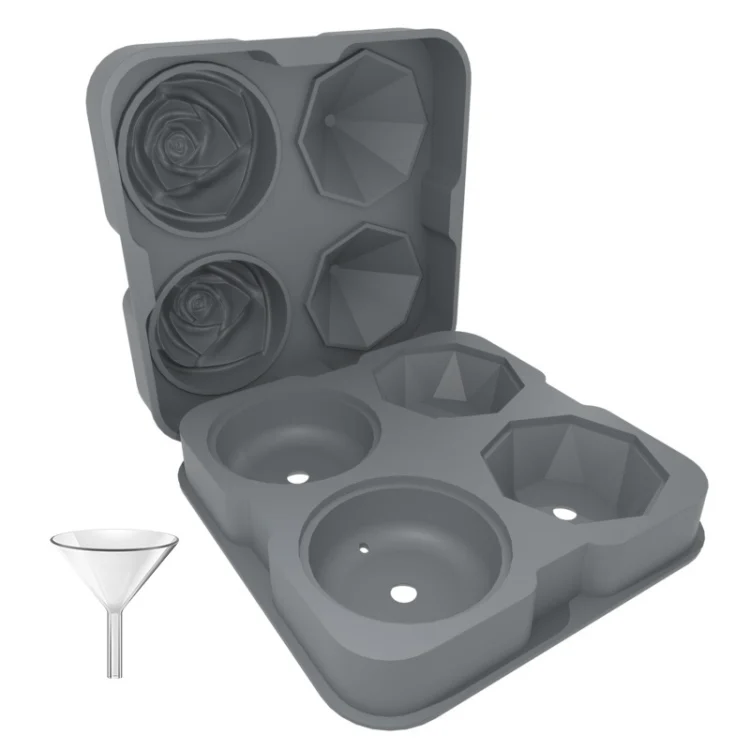 4-Holes Rose Diamond Shape Cocktail Ice Cube Molds Silicone Ice Ball Maker