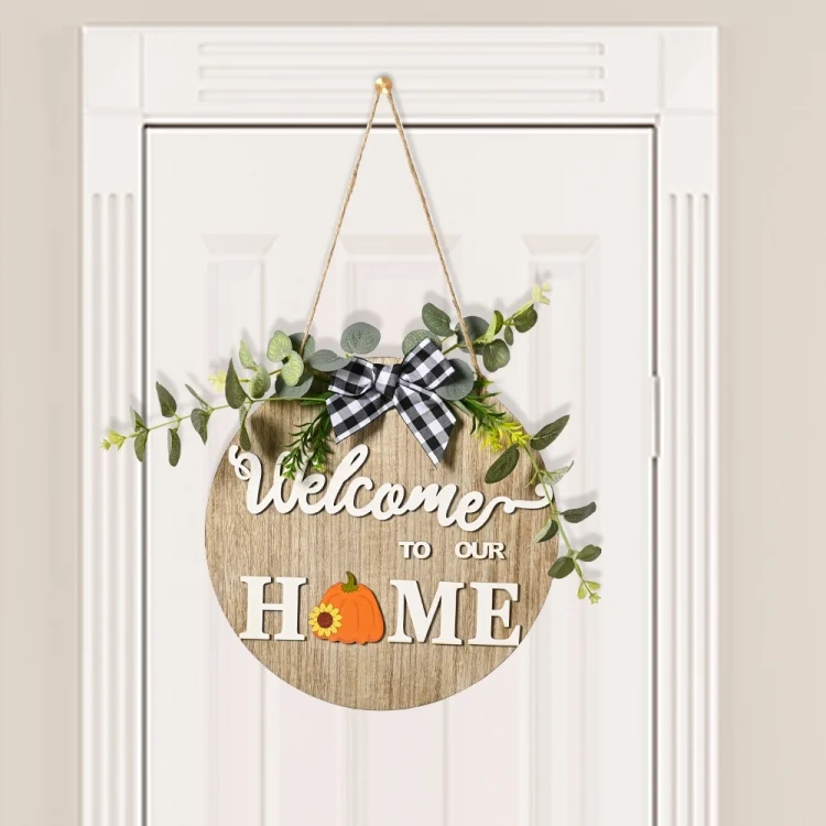 TBD06040872_6.webp Stereoscopic DIY Home Wooden Round Welcome Door Sign Pendant Wreaths Wall Hanging Decor - Image 7