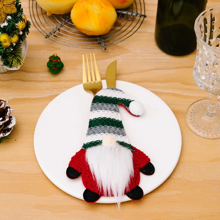 Christmas Table Decoration Cartoon Knitted Striped Knife and Fork Cover