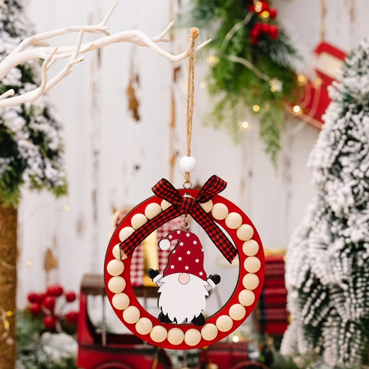 Wooden Wreath Christmas Tree Pendant Round Beaded Christmas Decoration Supplies