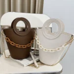 Women Casual Bucket Handbag Round Chain Shoulder Crossbody Bag - Image 3
