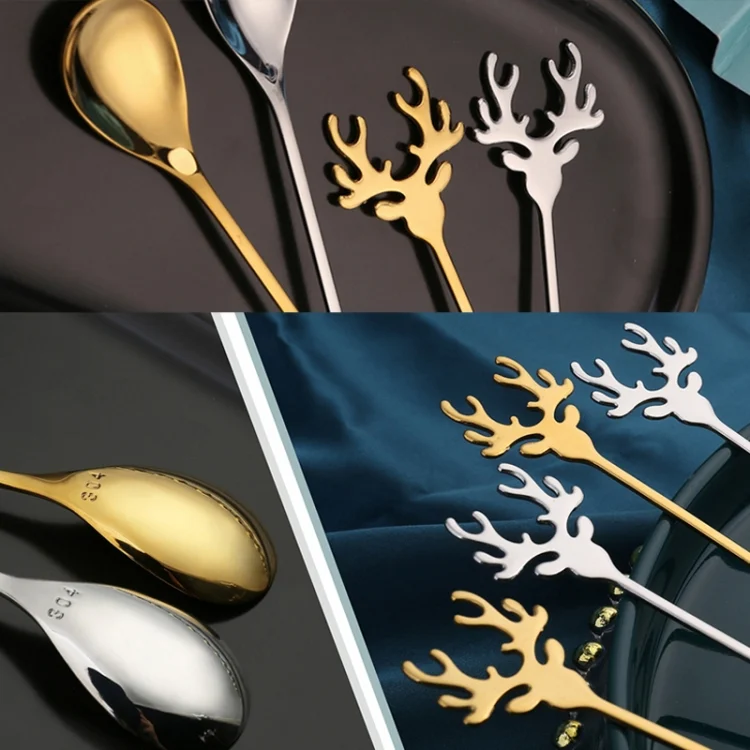 TBD06041782_B5.webp 4pcs /Pack Christmas 304 Stainless Steel Deer Stirring Spoon Coffee Dessert Scoop - Image 6