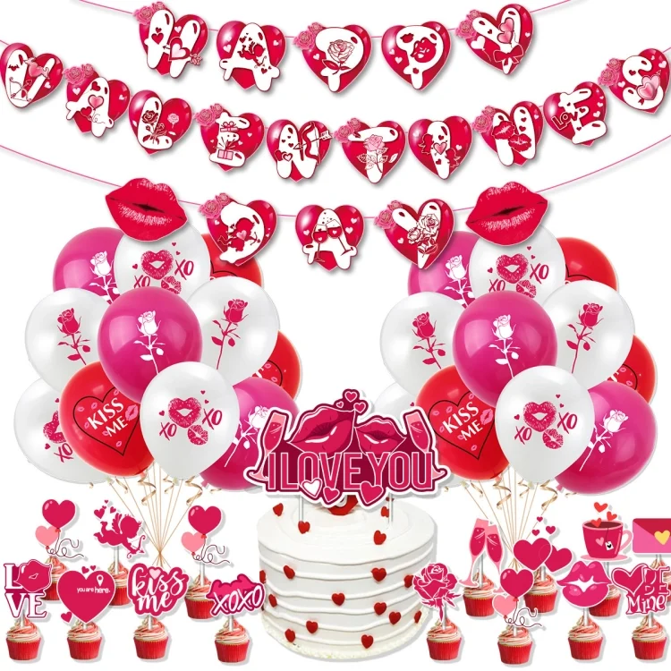 Valentines Day Party Decoration Set 1 Banner +20pcs Latex Balloons+ 16pcs Cake Topper