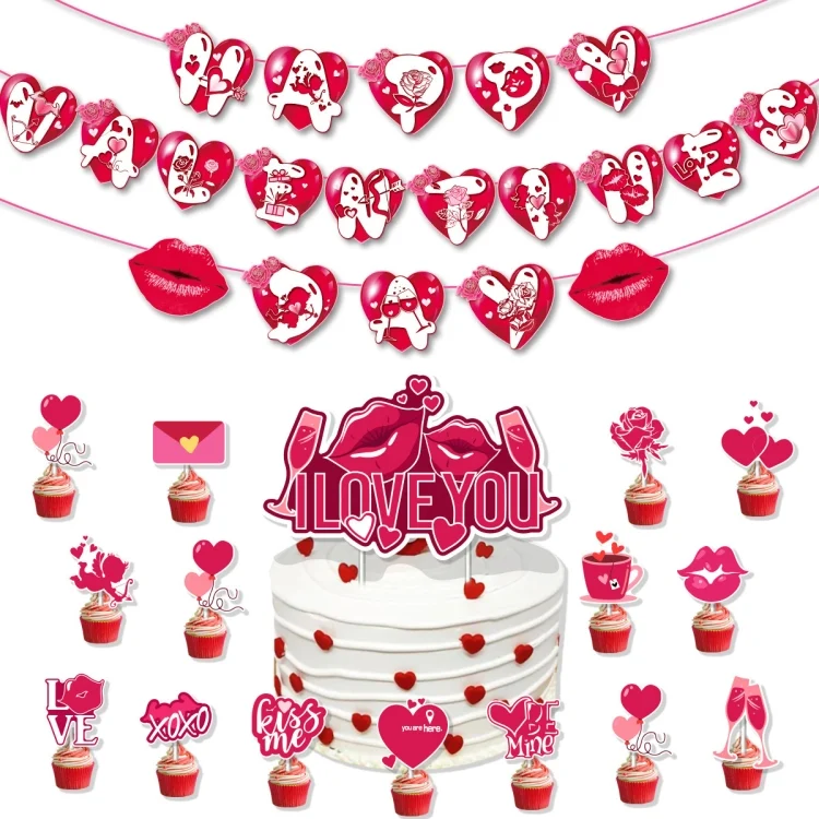 TBD06041903_1.webp Valentines Day Party Decoration Set 1 Banner +20pcs Latex Balloons+ 16pcs Cake Topper - Image 2