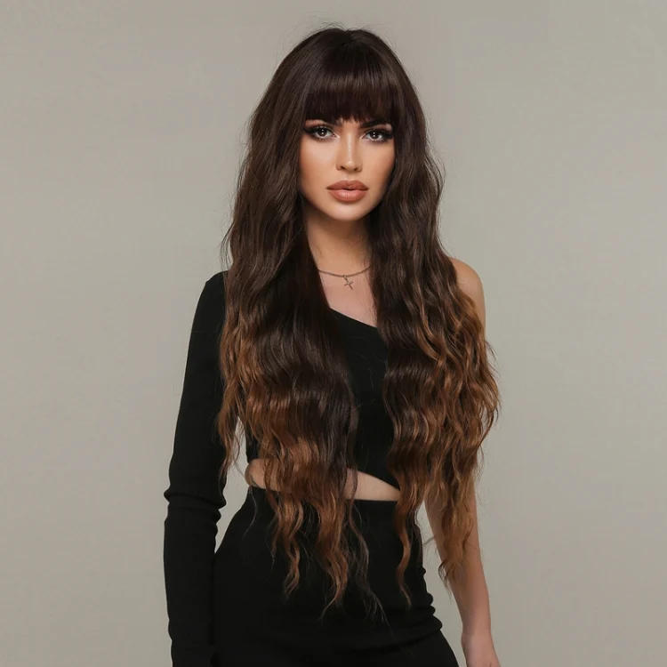 Women Long Hair Wig with Bangs Gradient Fluffy Water Ripple Curly Hair Wig