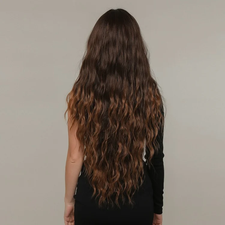 TBD0604287201_2.webp Women Long Hair Wig with Bangs Gradient Fluffy Water Ripple Curly Hair Wig - Image 5