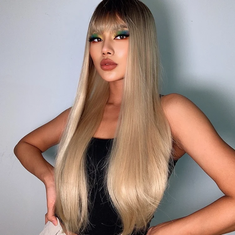 TBD0604287701_1.webp Gradient Long Straight Hair Chemical Fiber High Temperature Silk Wig with Bangs - Image 4