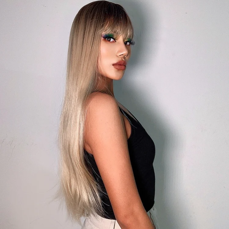 TBD0604287701_2.webp Gradient Long Straight Hair Chemical Fiber High Temperature Silk Wig with Bangs - Image 5