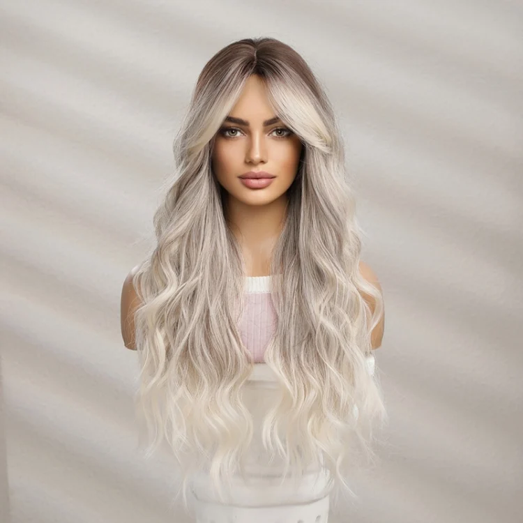 Big Wavy Women with Middle Parted Bangs Gradient Long Curly Hair Chemical Fiber Wig
