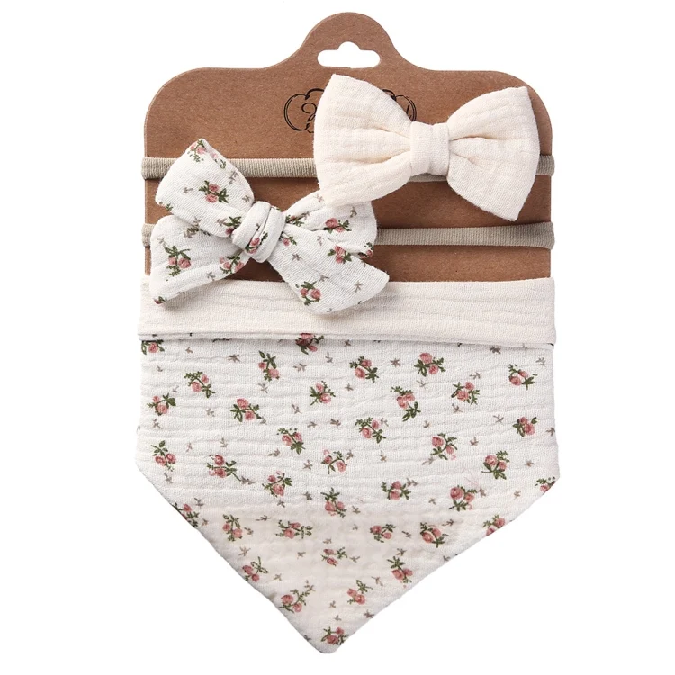 3 In 1 Baby Drooling Towel Cotton Printed Double Sided Triangle Towel Headband Set Waterproof Bibs