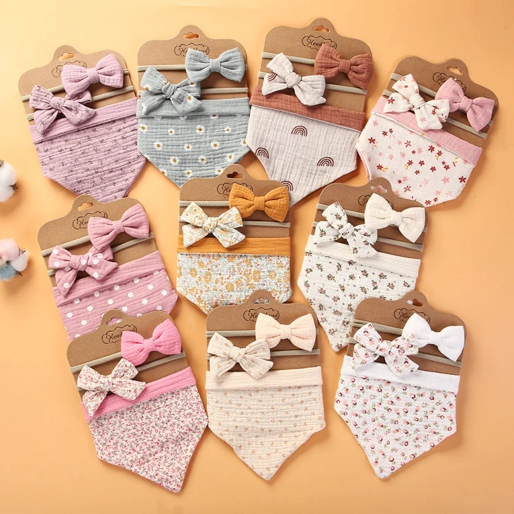 TBD06043111_B1.webp 3 In 1 Baby Drooling Towel Cotton Printed Double Sided Triangle Towel Headband Set Waterproof Bibs - Image 2