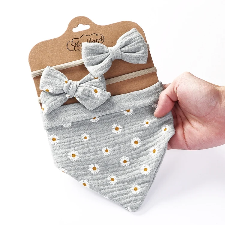 TBD06043111_B7.webp 3 In 1 Baby Drooling Towel Cotton Printed Double Sided Triangle Towel Headband Set Waterproof Bibs - Image 8