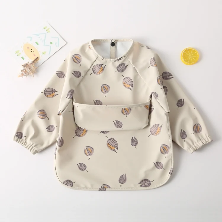 Long Sleeved Baby Soft PU Bib Waterproof Washable Easy Clean Smock With Pocket