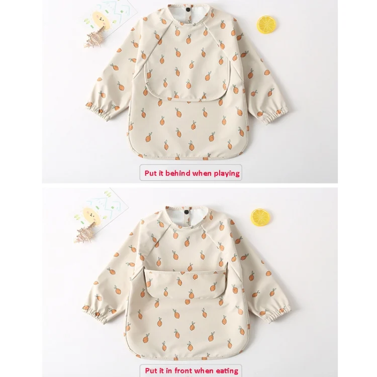 TBD06043537_B3.webp Long Sleeved Baby Soft PU Bib Waterproof Washable Easy Clean Smock With Pocket - Image 4
