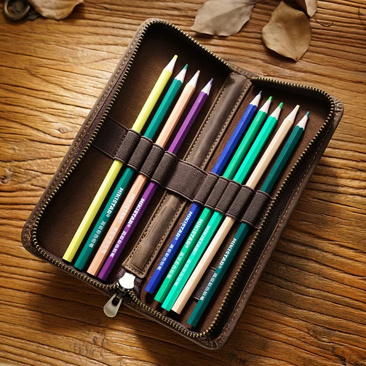 TBD06043600_B1.webp Retro Crazy Horse Leather Square Pencil Case Genuine Leather Zipper Pen box - Image 2